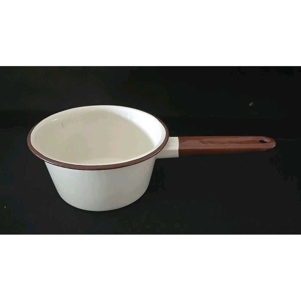 Antique Farmhouse White Enamelware brown trim saucepan /‎ nesting pot